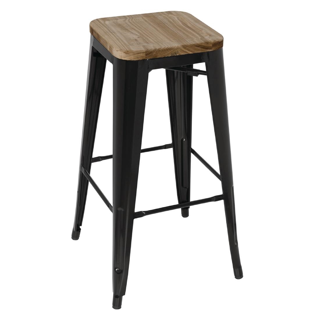 Pack of 4 Bolero Cantina Low Stools in Metallic Grey with Wooden Seat Pad 